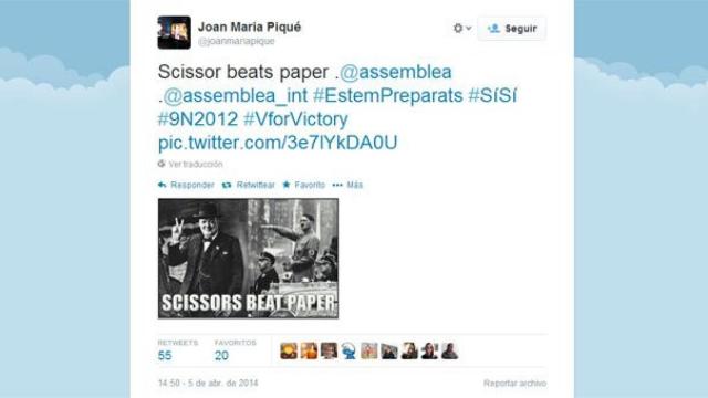 Tuit de Joan Maria Piqué Fernández, jefe de prensa de Mas, en el que se equipara a los que se oponen a la independencia con los nazis