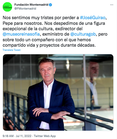 Mensaje de la Fundación Montemadrid tras el fallecimiento de Guirao / TWITTER