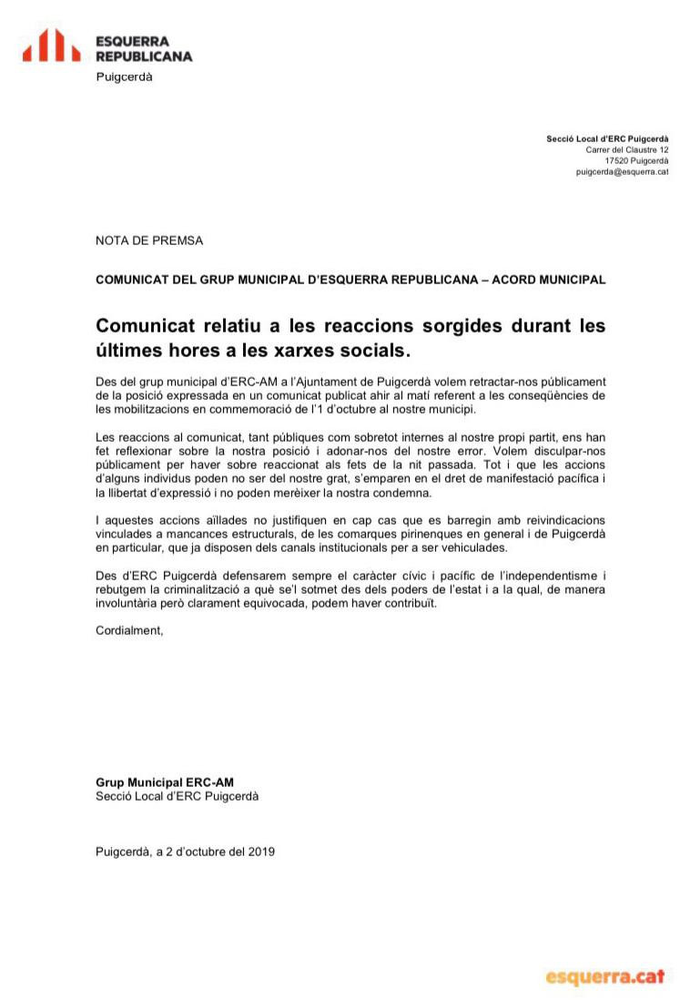 Comunicado de ERC Puigcerdà