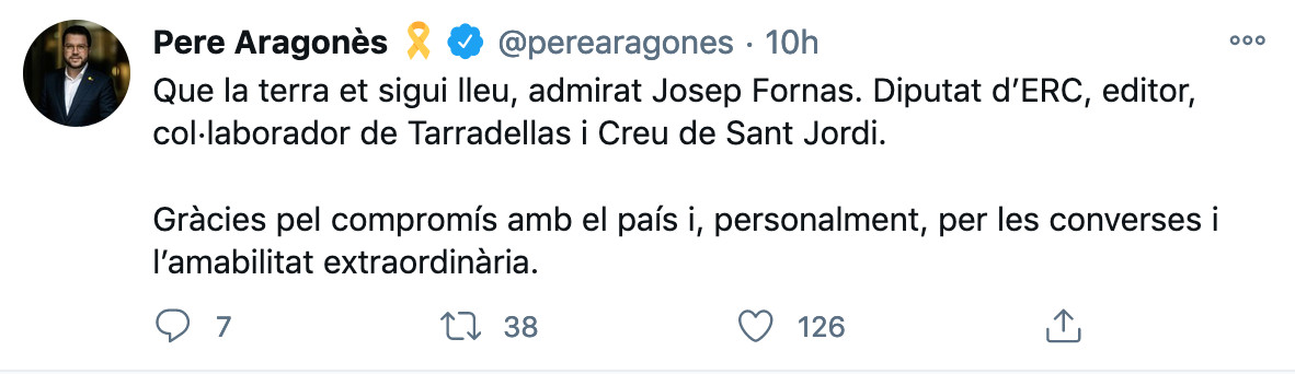 Pere Aragonès lamenta el fallecimiento de Josep Fornas / TWITTER