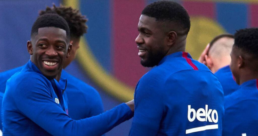 Dembelé y Umtiti durante un entrenamiento del Barça / FC Barcelona