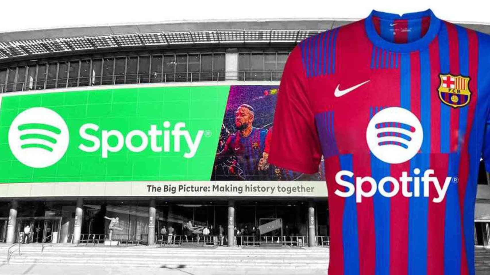 Montaje con el logo de Spotify en la camiseta del Barça y en el Camp Nou / EL ESPAÑOL