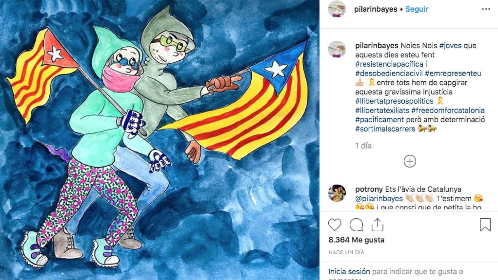 Dibujo de Pilarín Bayés para animar a los jóvenes a manifestarse contra la sentencia del 'procés' / INSTAGRAM