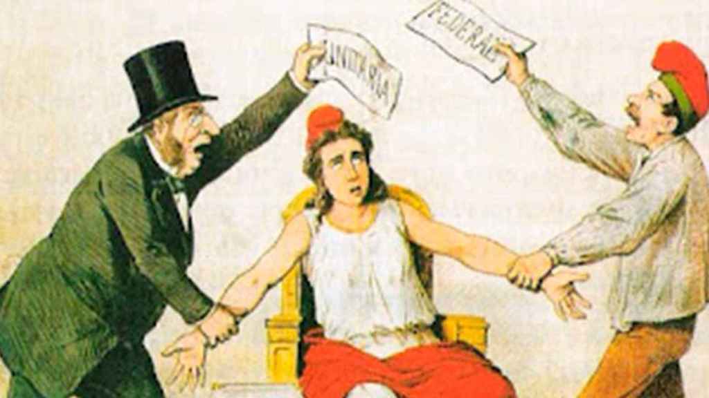 Una caricatura de 'La Flaca' del 3 de marzo de 1873 sobre la pugna entre republicanos unitarios y los partidarios del federalismo / WIKIPEDIA