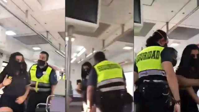 Imagen del vigilante de seguridad en un tren de Cercanías de Renfe en Barcelona con la pasajera que le insultó / CG