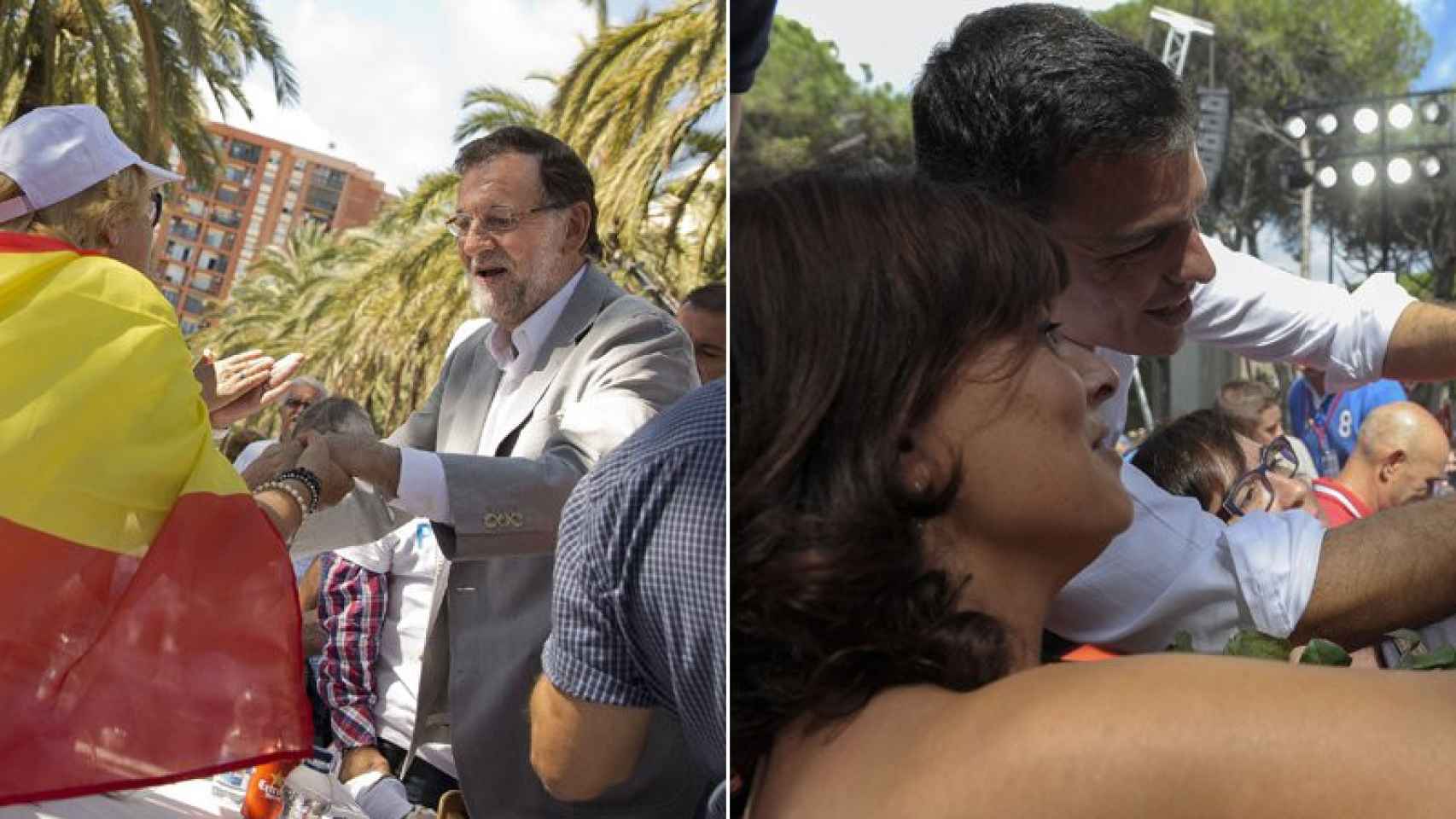 Los líderes de PP y PSOE, Mariano Rajoy y Pedro Sánchez, en sendos mitines en Cataluña este domingo.