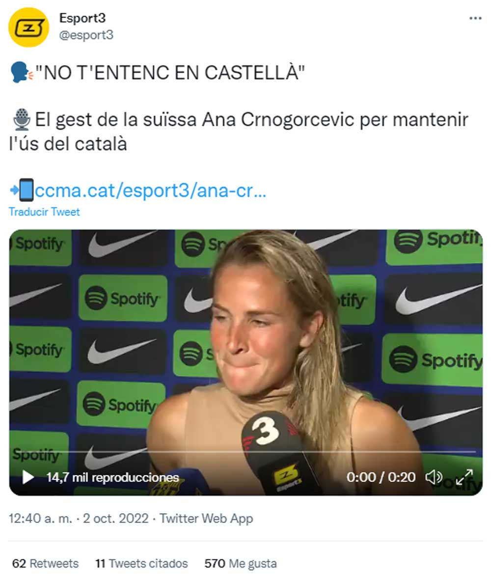 Tuit del canal Esport3 sobre Crnogorcevic