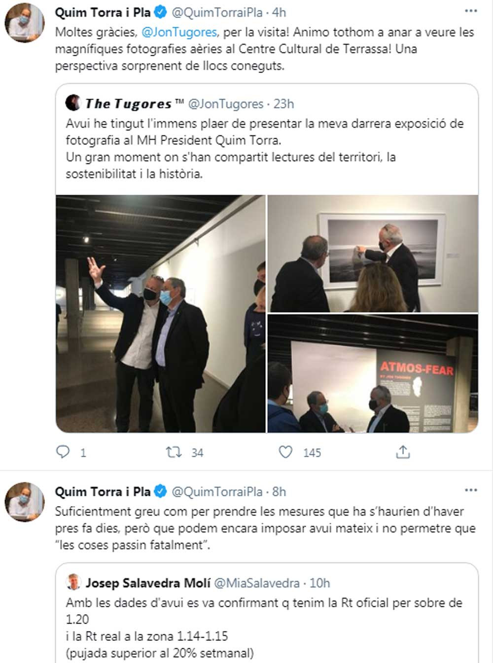 Torra, exigiendo más restricciones contra el coronavirus y recomendando visitar una exposición fotográfica en su perfil de Twitter