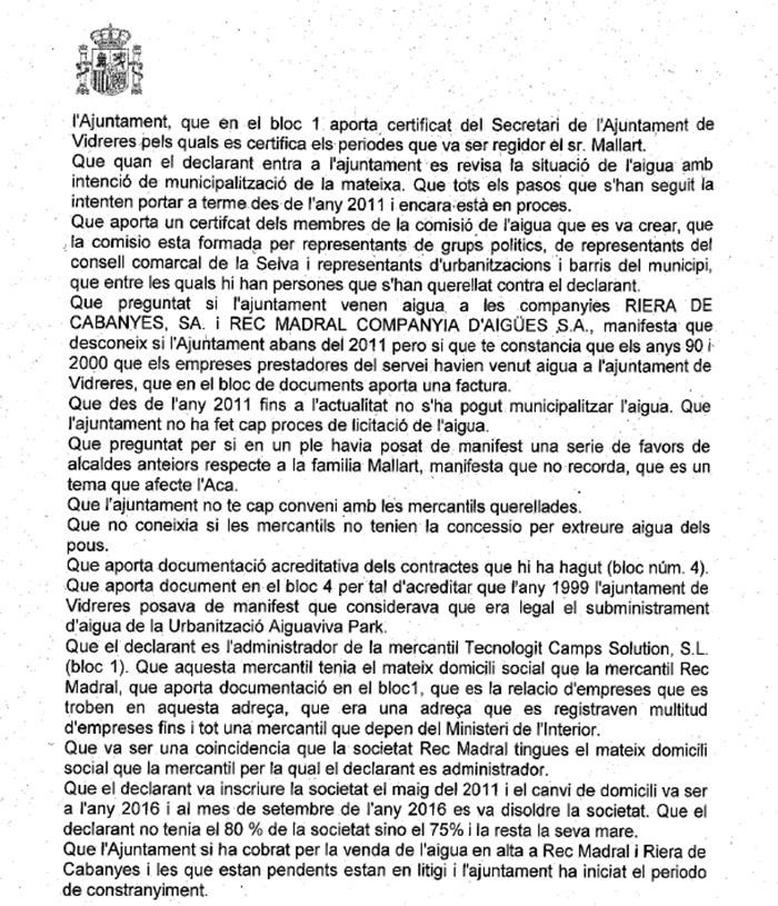 Parte de la declaración del alcalde de Vidreres ante la juez