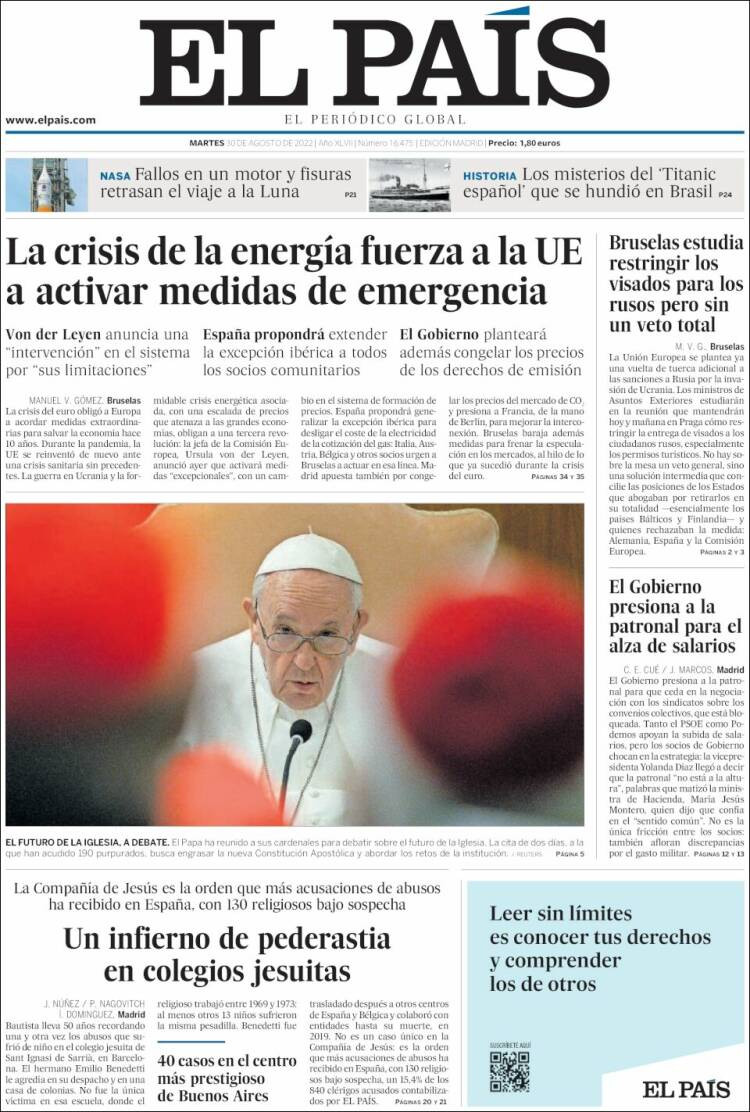 Portada de 'El País' del 30 de agosto de 2022