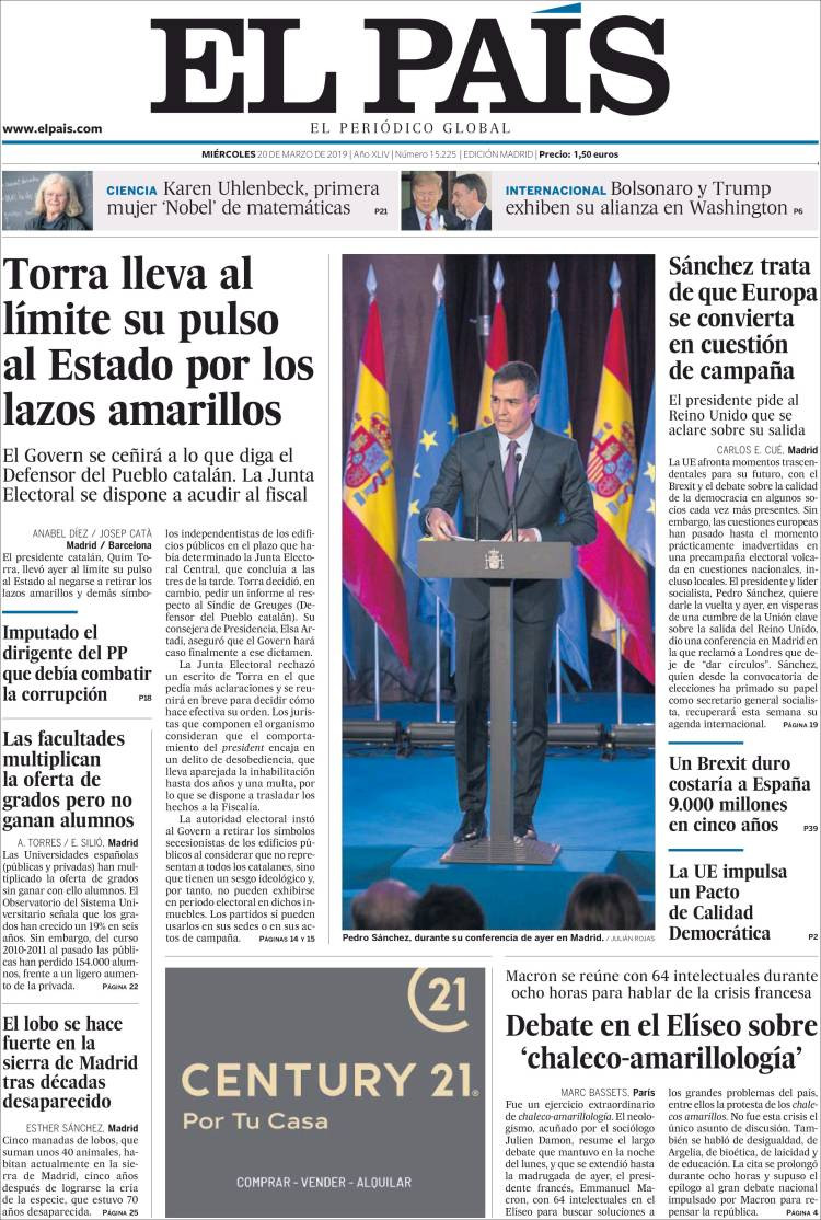 Portada de 'El País' del 20 de marzo de 2019 / EL PAÍS