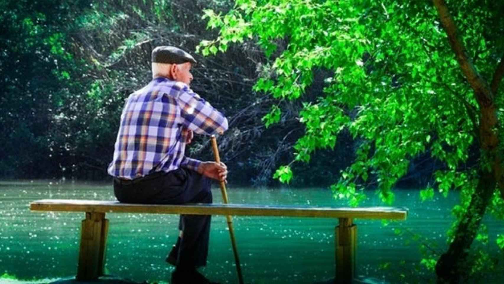 Un hombre de tercera edad sentado en un banco