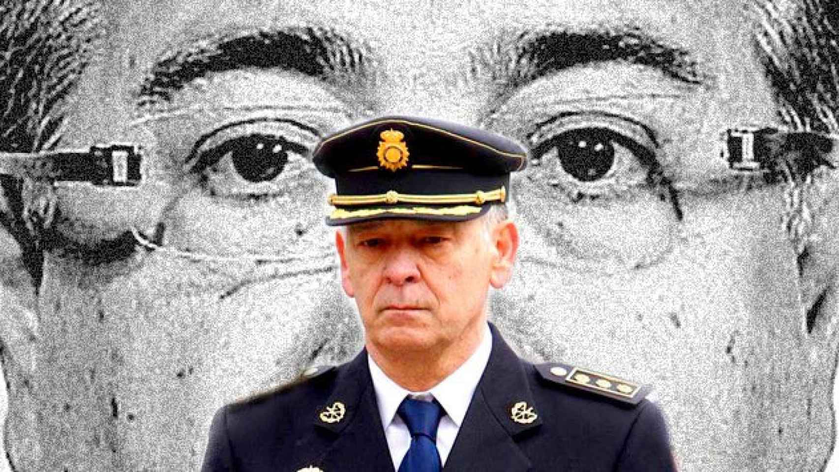 El exnúmero dos de la Policía, Eugenio Pino, con la imagen del ministro de Interior, Juan Ignacio Zoido detrás / FOTOMONTAJE DE CG