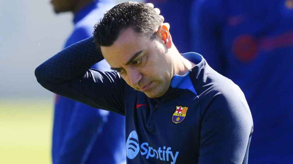 Xavi Hernández, en el entrenamiento de este martes del Barça / EFE