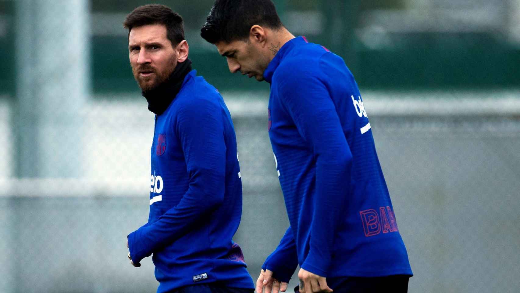 Leo Messi y Luis Suárez en un entrenamiento del Barça / EFE