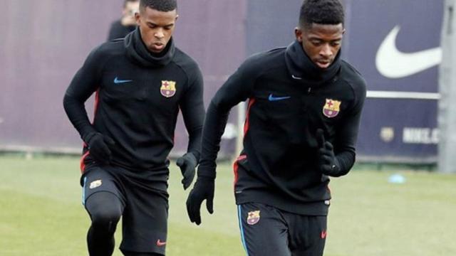 Una foto de archivo de Nelson Semedo y Ousmane Dembelé en un entrenamiento del Barça / FCB