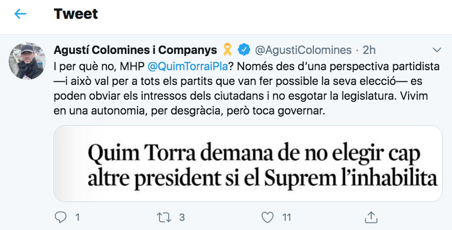 Tuit de Colomines criticando a Torra / TWIITER