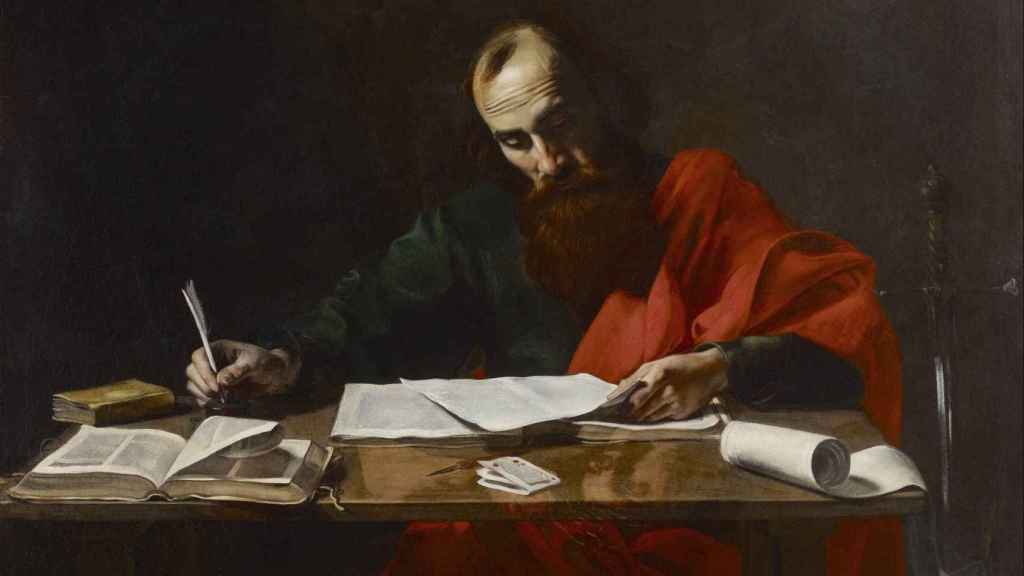 San Pablo escribiendo una de sus cartas, un lienzo atribuido al pintor Valentin de Boulogne