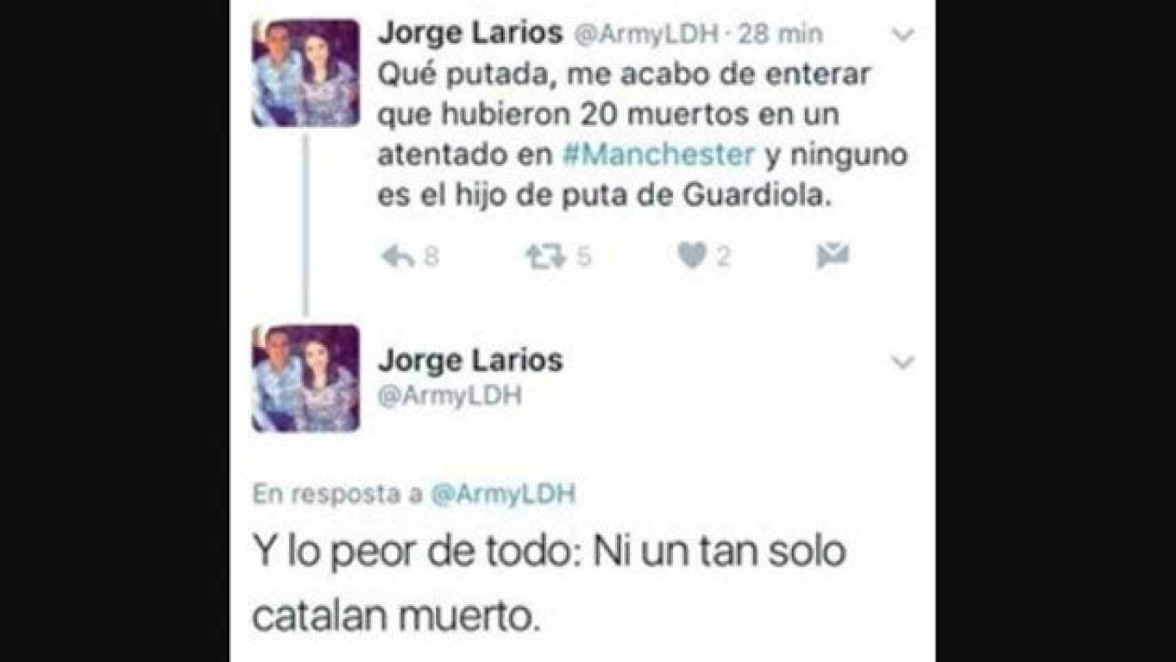 Denuncian al tuitero que lamentó que no murieran catalanes en el atentado de Manchester