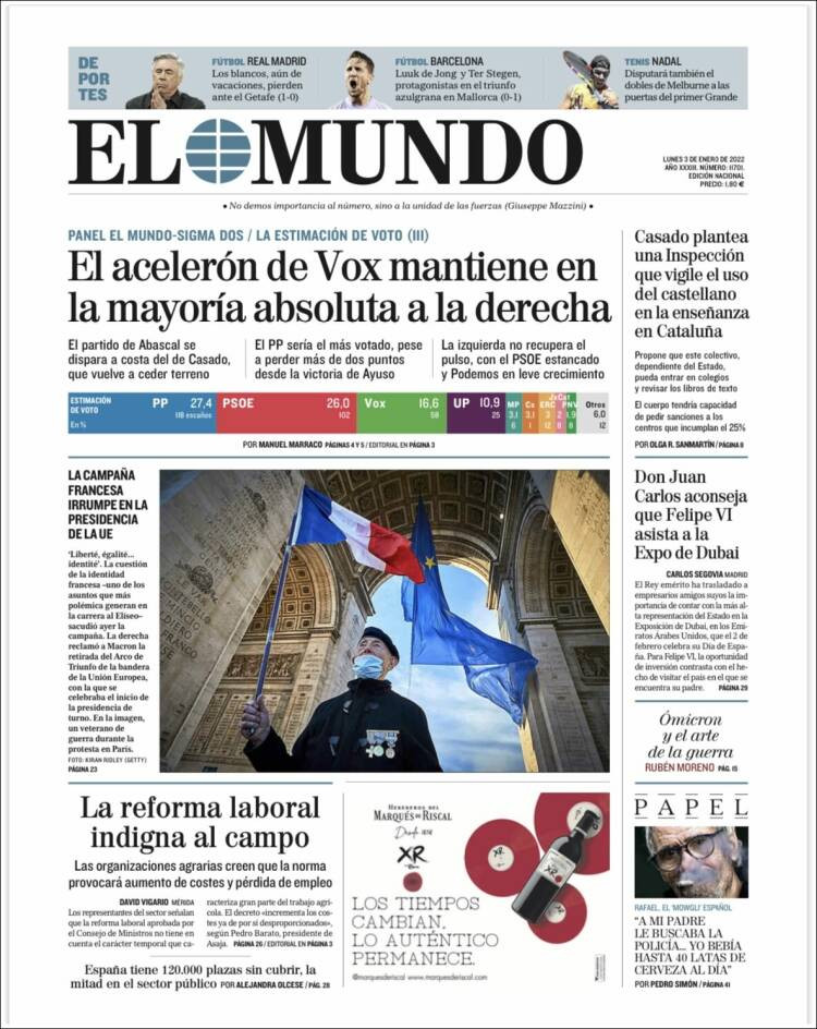 Portada de 'El Mundo' del 3 de enero de 2022 / KIOSKO