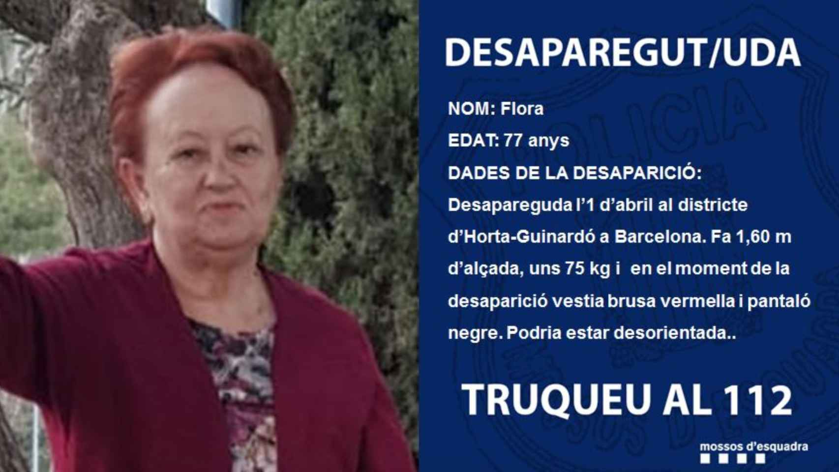 Flora, la mujer de 77 años desaparecida en Horta / MOSSOS D'ESQUADRA