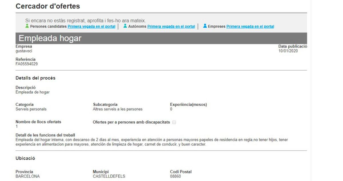 Oferta de trabajo para empleada de hogar sin hijos que libre dos días la mes por 500 euros / SOC