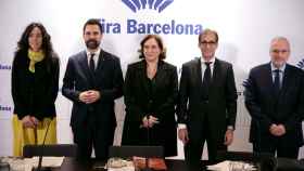 El 'conseller' de Empresa y Trabajo de la Generalitat, Roger Torrent; la alcaldesa de Barcelona, Ada Colau, y el presidente de Fira de Barcelona, Pau Relat, durante el balance de Fira de Barcelona en 2022 / Kike Rincón - EUROPA PRESS