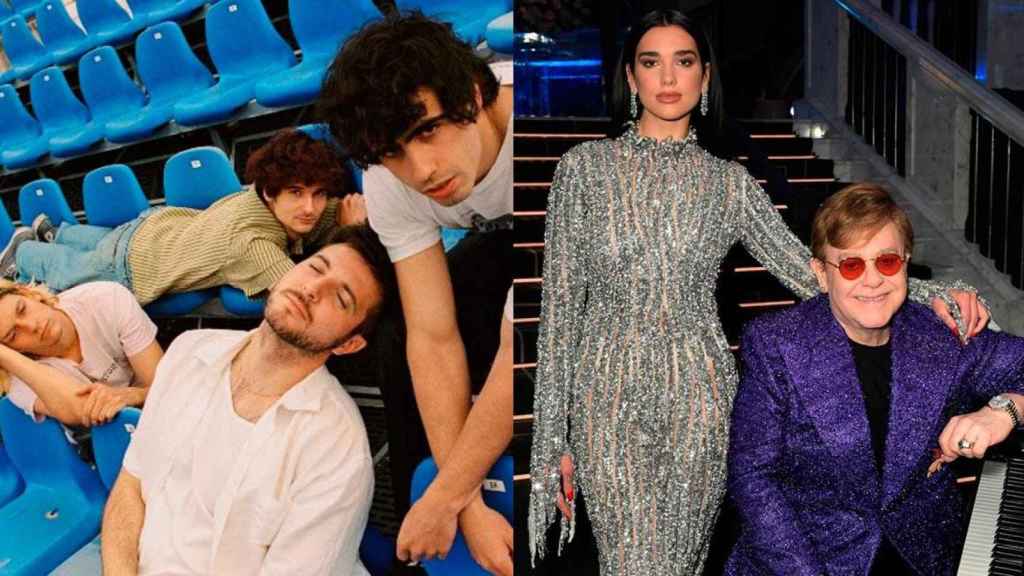 A la izquierda, la banda madrileña Carolina Durante; a la derecha, la cantante Dua Lipa junto a Elton John / CG