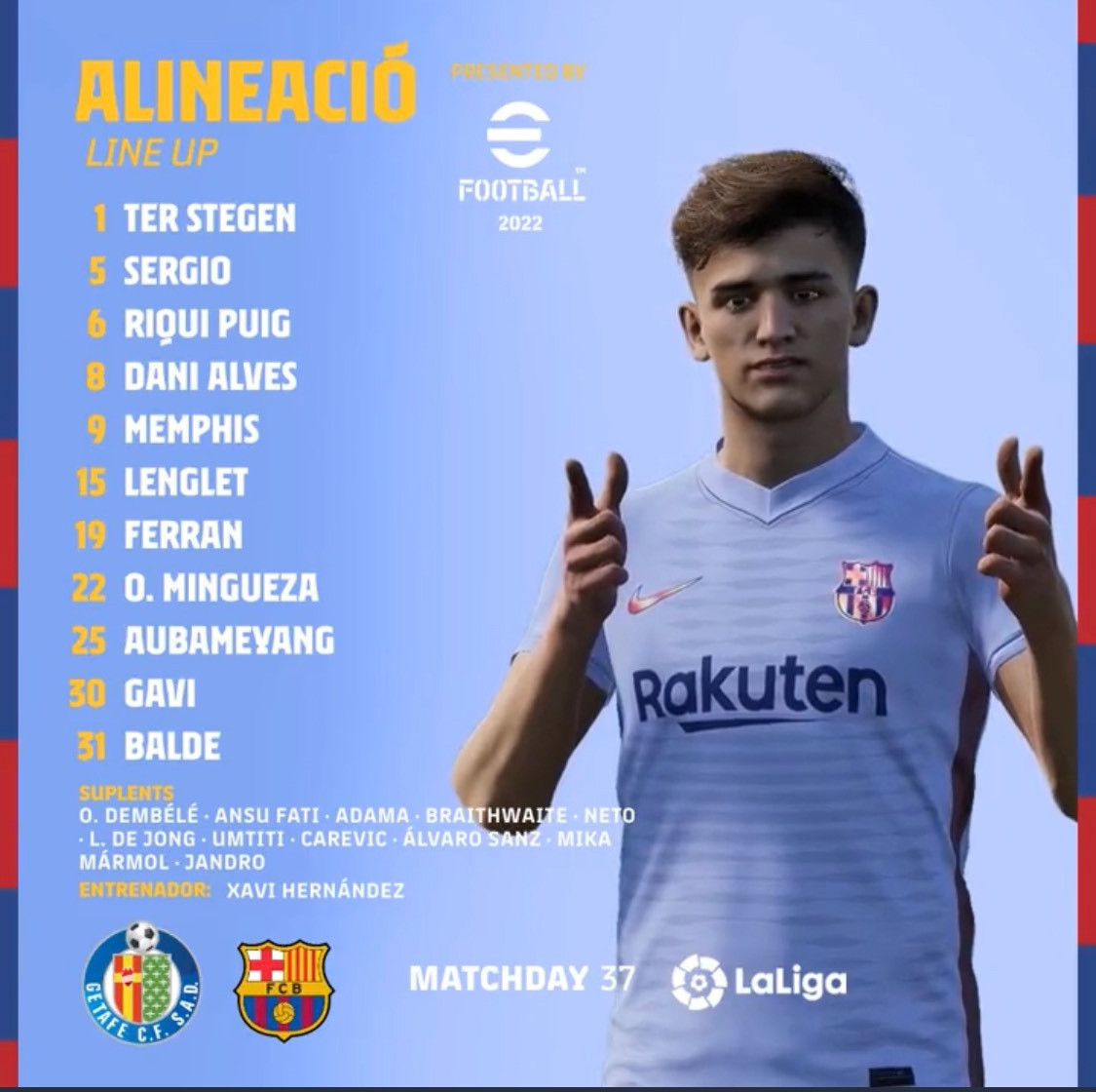 La alineación del FC Barcelona para enfrentarse al Getafe / FCB