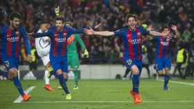 Sergi Roberto, eufórico, tras marcar el sexto gol del Barça al PSG en 2017 / FCB