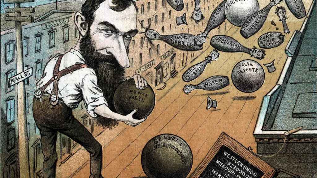 Caricatura del financiero estadounidense Jay Gould, uno de los pioneros de la especulación a nivel global, jugando a los bolos en Wall Street (1882)/ F. OPPER