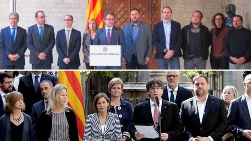 Artur Mas y Carles Puigdemont, en los anuncios de los referéndums de 2014 y 2017, con sus séquitos / CG