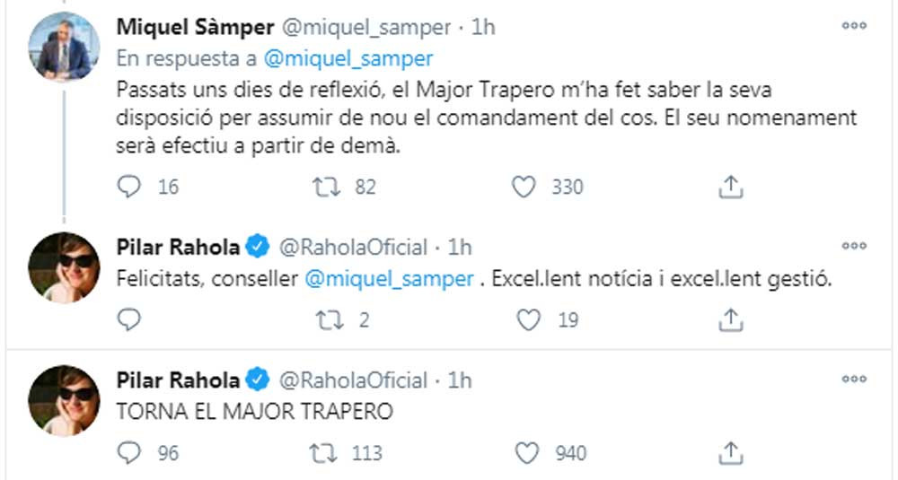 Pilar Rahola, feliz por la vuelta del mayor Trapero / @RaholaOficial TWITTER