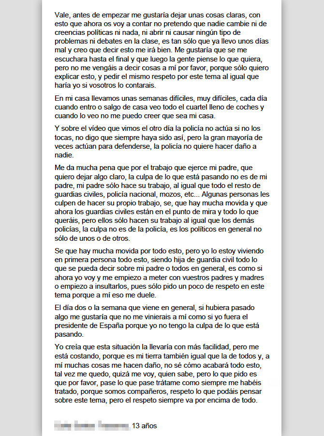 Carta de una niña de 13 años, hija de guardia Civil, a sus compañeros de clase / CG