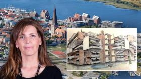 La consejera delegada de Essentium, Susana Monje, con una vista de Rostock y el proyecto residencial.