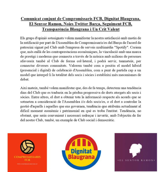 Los grupos de opinión del FC Barcelona piden democracia a Laporta / COMUNICADO