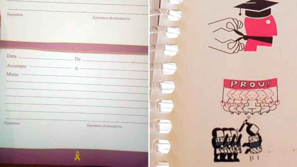 Agendas escolares de centros de Girona con dibujos de lazos amarillos y policías pegando a gente pacífica