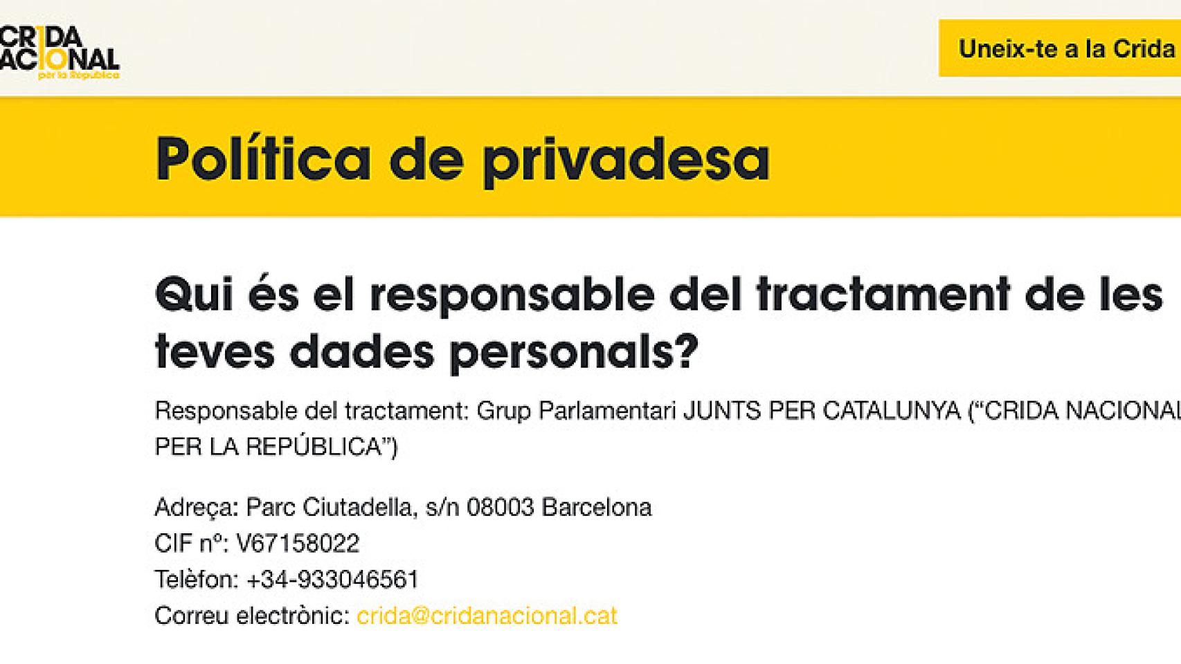 Captura de la política de privacidad de la web Crida Nacional / CG