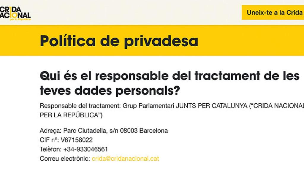 Captura de la política de privacidad de la web Crida Nacional / CG