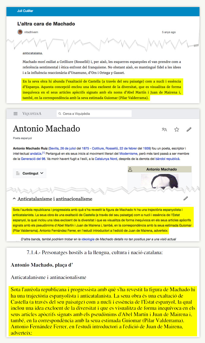Arriba el artículo escrito por un concejal de la CUP en 2013, en medio el texto que apareció días después en Vikipedia y abajo un fragmento del informe de Josep Abad / CG