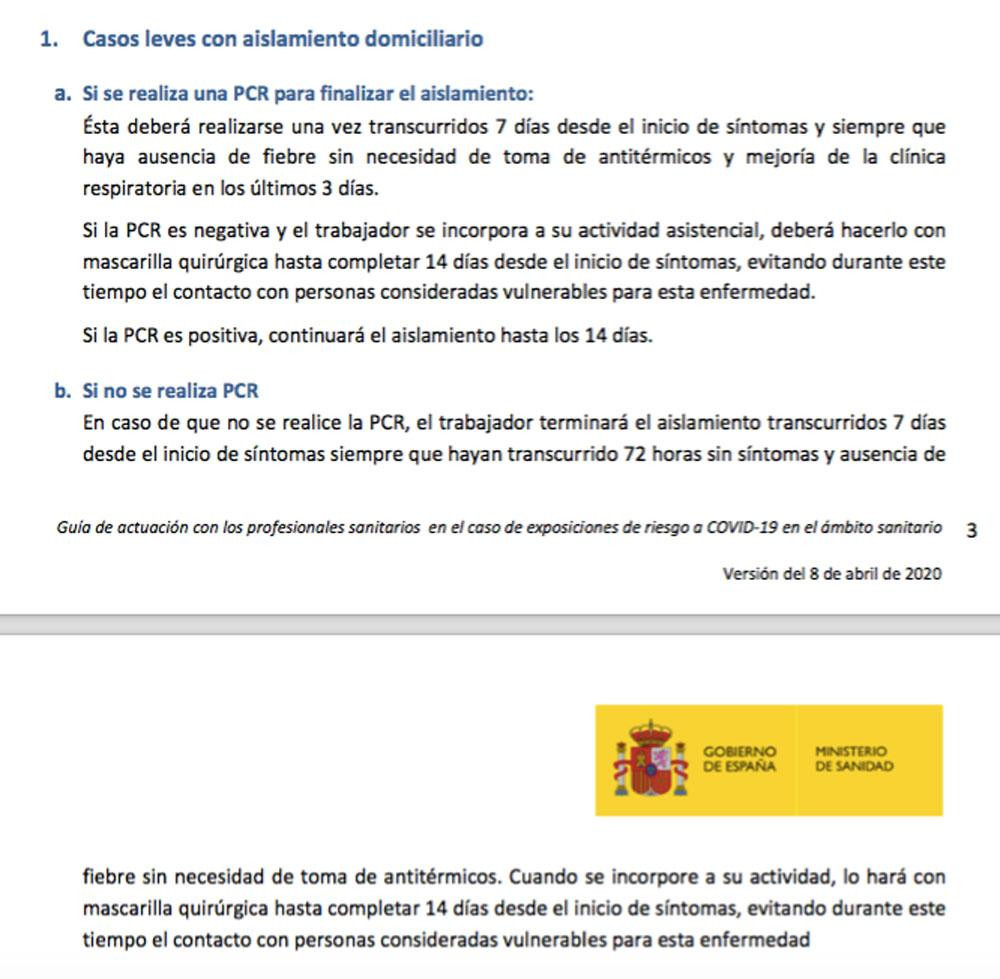 Extracto del protocolo del Ministerio de Sanidad para proteger al personal sanitario frente al SARS-CoV-2 / CG