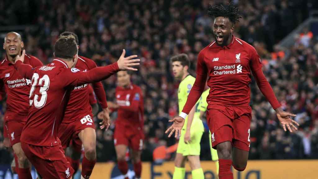 Origi y los jugadores del Liverpool celebran su cuarto gol al Barça en las semifinales de la Champions de 2019 / EFE