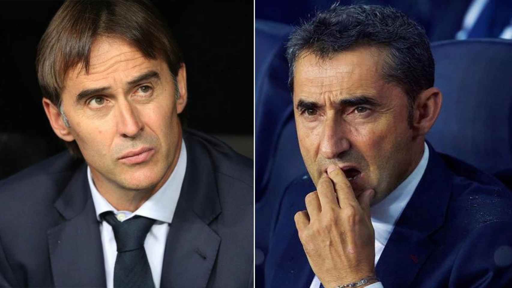 Julen Lopetegui, entrenador del Real Madrid, frente a Ernesto Valverde, técnico del Barça