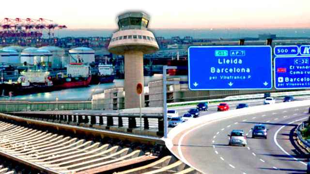 Imágenes del aeropuerto de El Prat, el puerto de Barcelona, una autopista catalana y las vías de un tren / FOTOMONTAJE DE CG