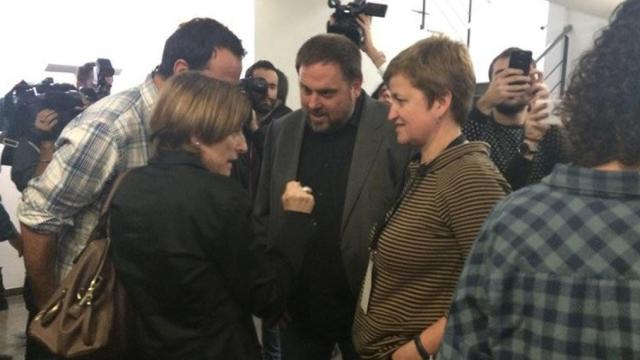 De izquierda a derecha, Carme Forcadell, Oriol Junqueras y Anna Simó en el consejo nacional de ERC