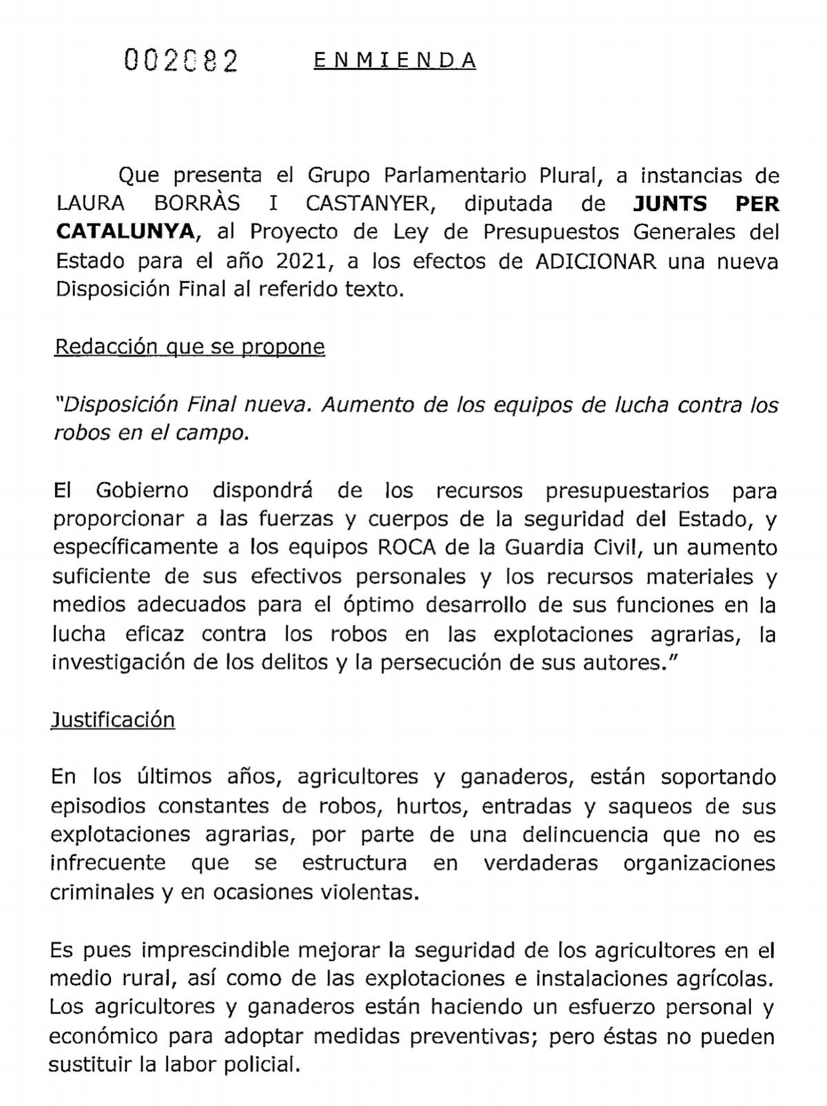 Enmienda de Junts per Catalunya que pide más guardia civil en el campo