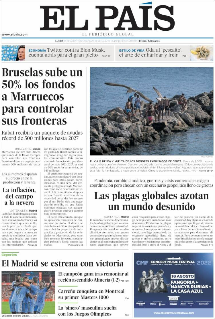 Portada de 'El País' del 15 de agosto de 2022 / KIOSKO.NET