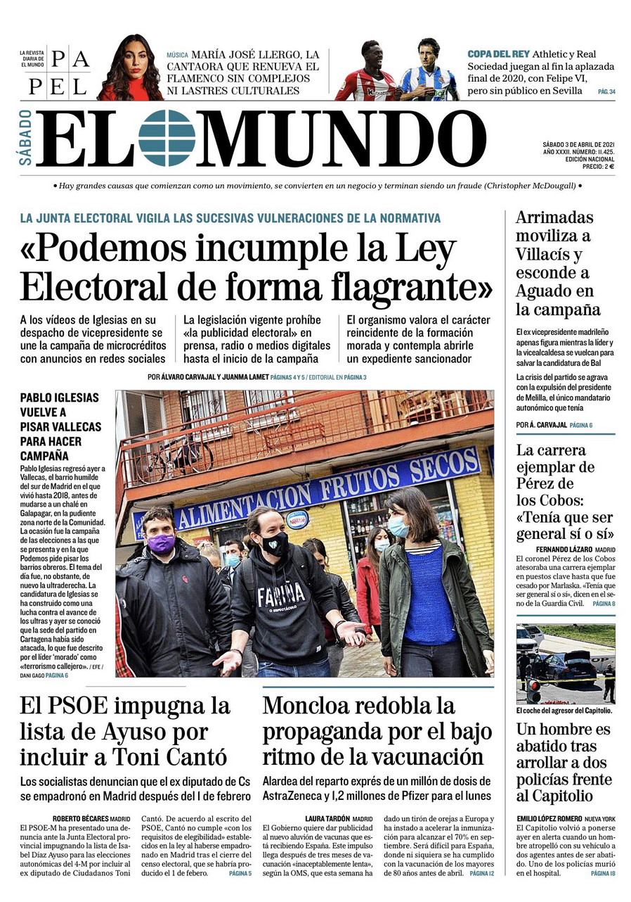 Portada de 'El Mundo' del 3 de abril de 2021 / EL MUNDO