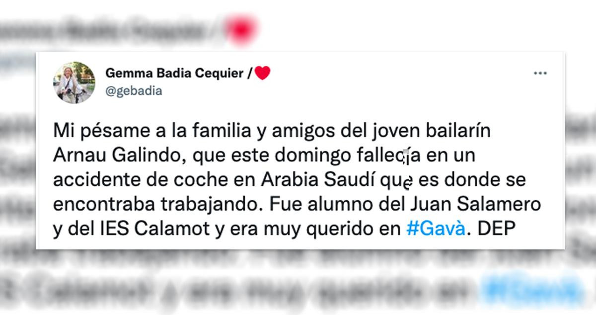 El pésame por la muerte de Arnau Galindo de la alcaldesa de Gavà, Gemma Badia / CG
