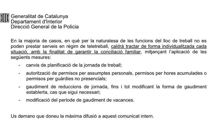Segunda parte del comunicado interno para Mossos d'Esquadra sobre conciliación